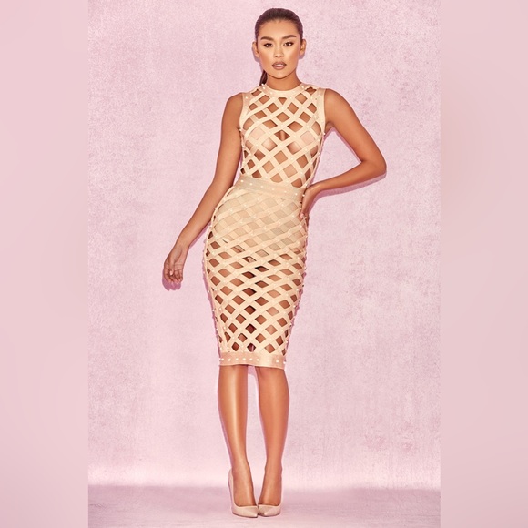 House of CB Felina Nude Cage Midi Bodycon Dress in Beige - size XS - Picture 4 of 9